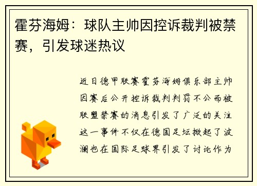 霍芬海姆：球队主帅因控诉裁判被禁赛，引发球迷热议