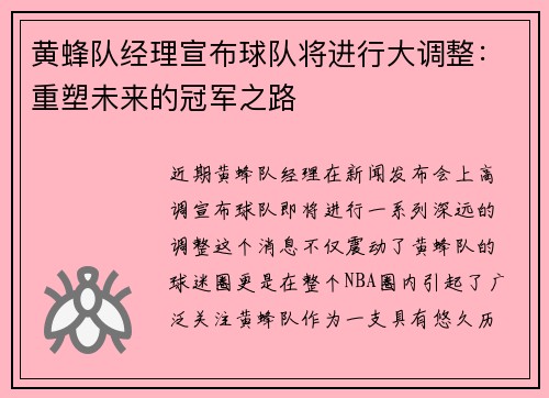 黄蜂队经理宣布球队将进行大调整：重塑未来的冠军之路